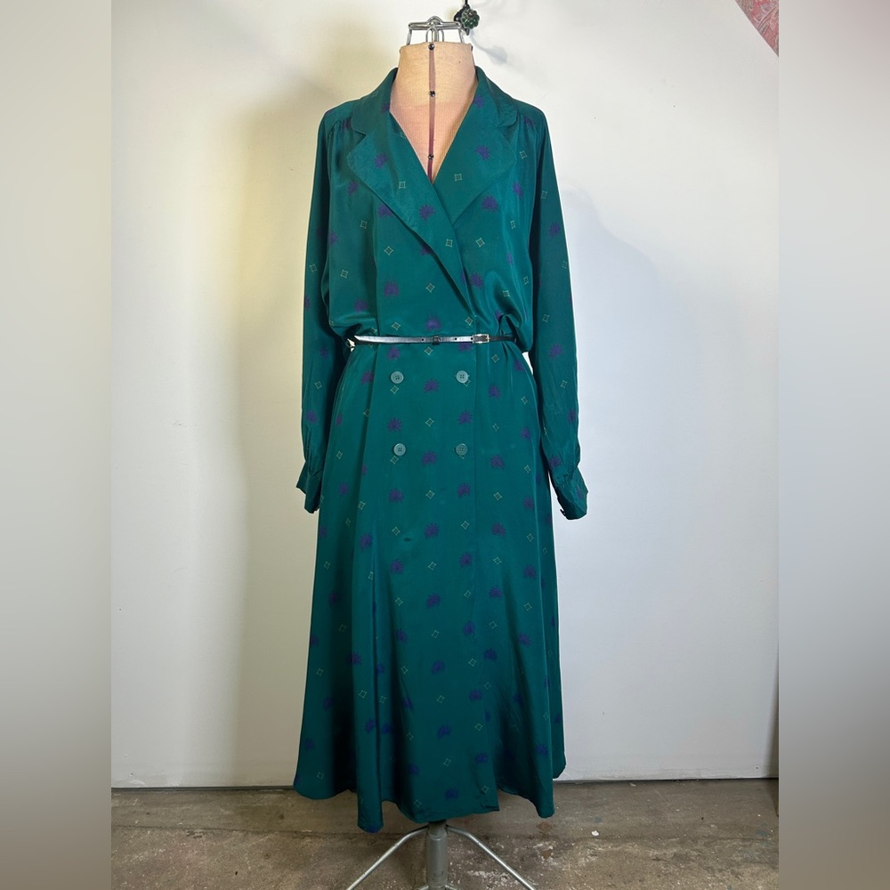 Vintage 80s/90s Liz Claiborne 100% Silk Dark Green Print Midi/Maxi Dress Size 8 - Picture 2 of 16